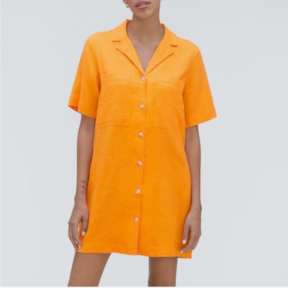 Everlane Linen Workwear Button Front‎ Shirt Dress in Tumeric Orange XS